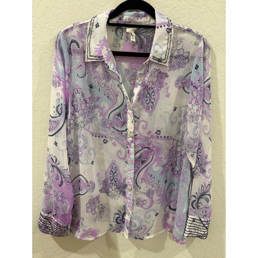 In Other Words Purple Paisley Floral Beaded Chiffon Button Down Blouse Size 12